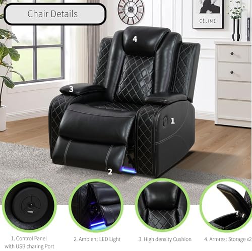 Power Recliner Sofa Sectional Sofa with LED Light for Living Room, Air Leathe...