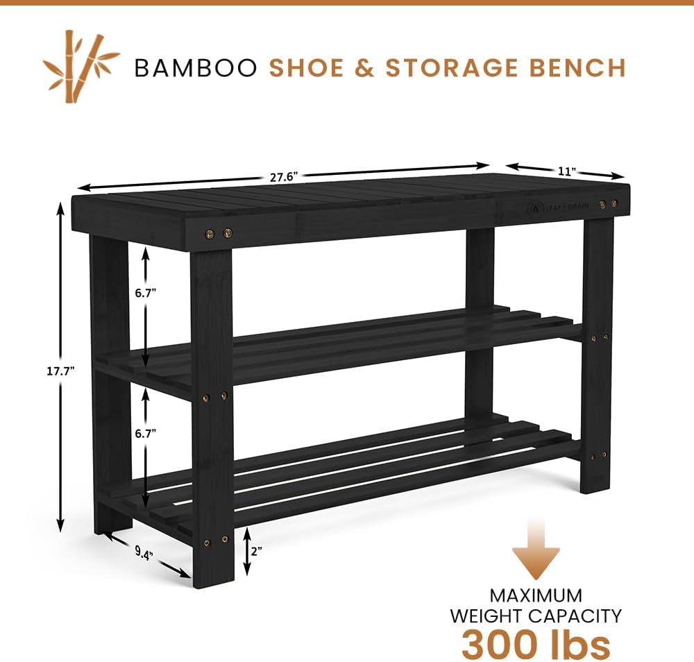 Leaf & Grain Bamboo Shoe Rack - Shoe Storage Bench for Front Door Entrance – Entryway Bench with Shoe Shelf, Shoe Storage Organizer, Wooden Shoe Rack, Durable Shoe Bench for Home (Black)