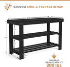 Leaf & Grain Bamboo Shoe Rack - Shoe Storage Bench for Front Door Entrance – Entryway Bench with Shoe Shelf, Shoe Storage Organizer, Wooden Shoe Rack, Durable Shoe Bench for Home (Black)