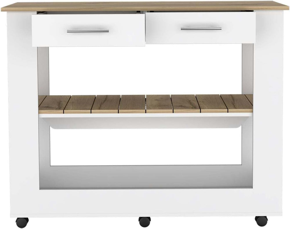 Kitchen Island with Drawers and Shelves, White/Light Oak | Includes two drawe...