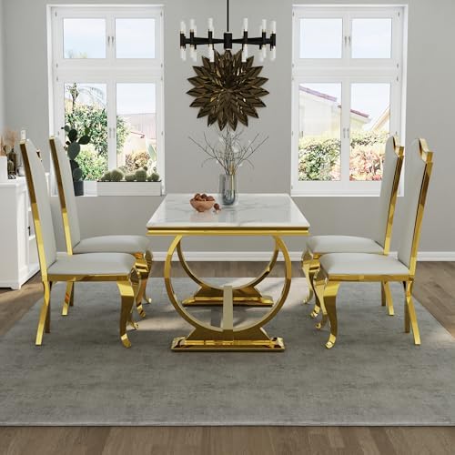 ACEDÉCOR 7 Piece Dining Table Set, Luxury White and Gold Kitchen and Dining R...