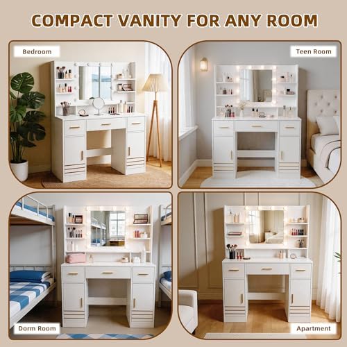 42" W Vanity Desk with Power Outlet Mirror and LED Lights Large Heavy Du...