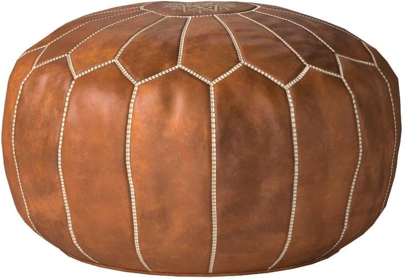 Poufs&Pillows Premium Moroccan Leather Pouf - Handmade - Delivered Stuffed - Ottoman, Footstool, Floor Cushion (Cognac Brown)