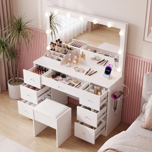 SweetGO 46" LED Lighted Makeup Vanity Desk, 7 Smooth-Glide Drawers, USB ...