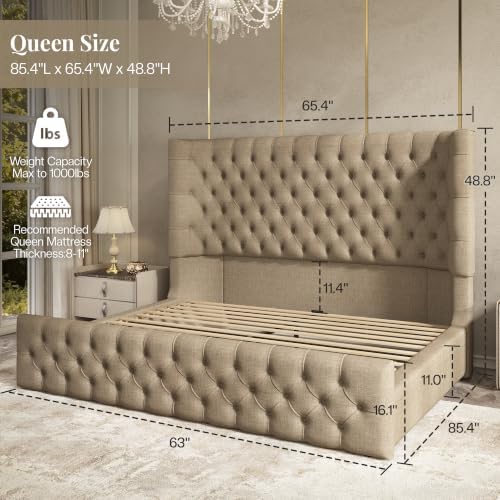 Jocisland Queen Bed Frame Upholstered Wingback Headboard & Footboard,Khaki