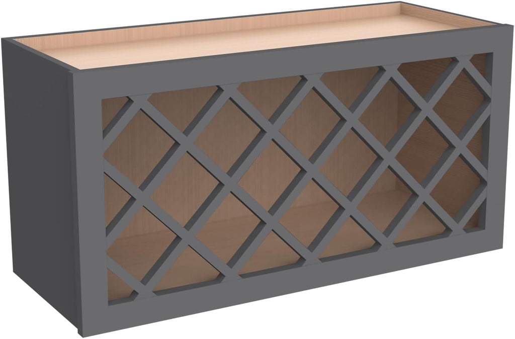 Solid Wood RTA Wine Bottle Rack Wall Cabinet with Lattice Panels - Wine Storage for Bar, Pantry, Cellar & Countertop - Mocha (Pebble Gray, 36'W 12'D 18'H)