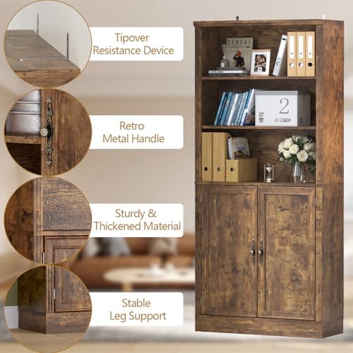 Thacuok 72'' Tall Bookcase with Doors, Adjustable Shelves, P2 MDF Con...