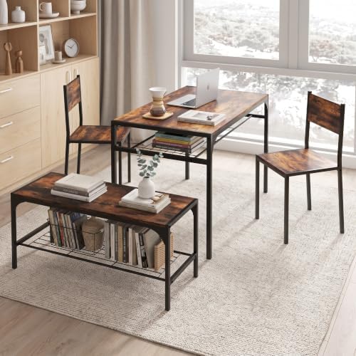 COSTWAY Dining Table Set for 4 with Bench & 2 Chairs, Storage Racks