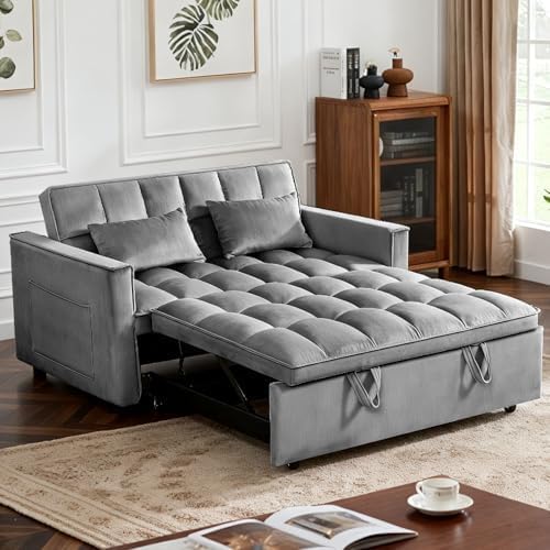 54'' Sleeper Sofa Bed, Convertible Pull Out Couch Futon with Side Pockets, Velvet Loveseat Sofa Bed with Adjustable Backrest, Armrest Pillows for Living Room Dorm Apartment, Dark Gray