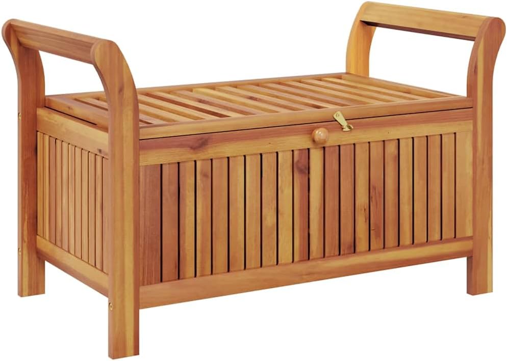 Outdoor Storage Bench with Cushion, Acacia Wood Garden Entryway Seating with ...