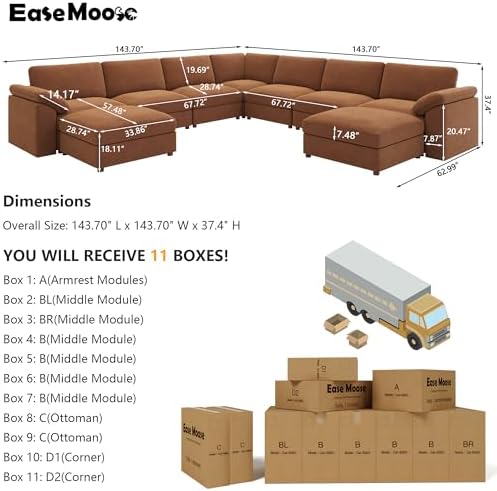 EASE MOOSE Oversized Modular Sectional Sofa with Ottoman, Modern Luxury Wide ...