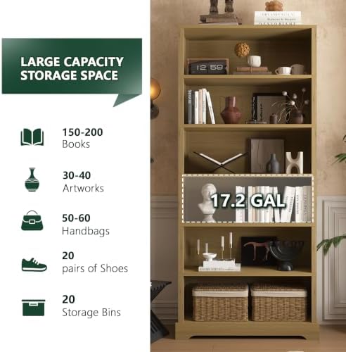 TVU 6 Tiers Wooden Bookshelf, 77.2" Tall Farmhouse Style Open Bookcase, ...
