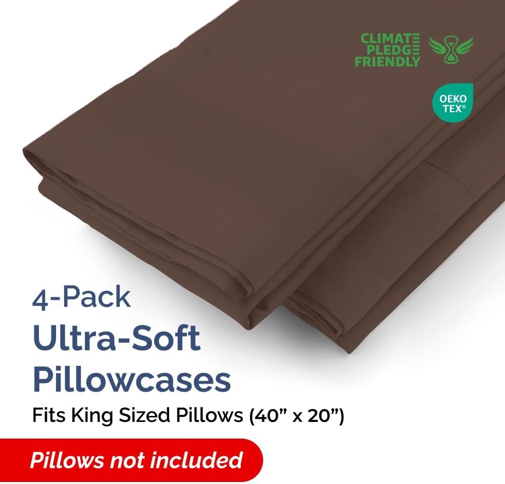 King Pillow Cases - 4 Pack - Super Soft Pillowcase Covers - Envelope Enclosure - Hotel Quality Pillow Protectors - Wrinkle Free, Fade, Shrink & Stain Resistant - Machine Washable - 20" x 40" (Brown)