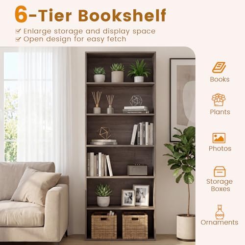 Tangkula 6-Tier Bookcase, 70” Tall Freestanding Bookshelf with 6 Open Shelves...