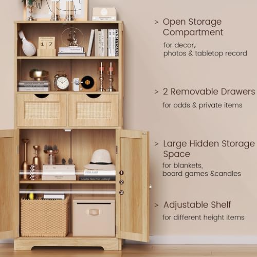Iwell Tall Storage Cabinet, Rattan Cabinet with 2 Drawers & Adjustable Sh...
