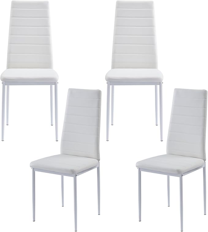 PU Dining Chairs Set of 4, Modern Kitchen & Dining Room Chairs Faux Leather Upholstered Dinner Chairs with Metal Legs for Small Space (White, Horizontal line)