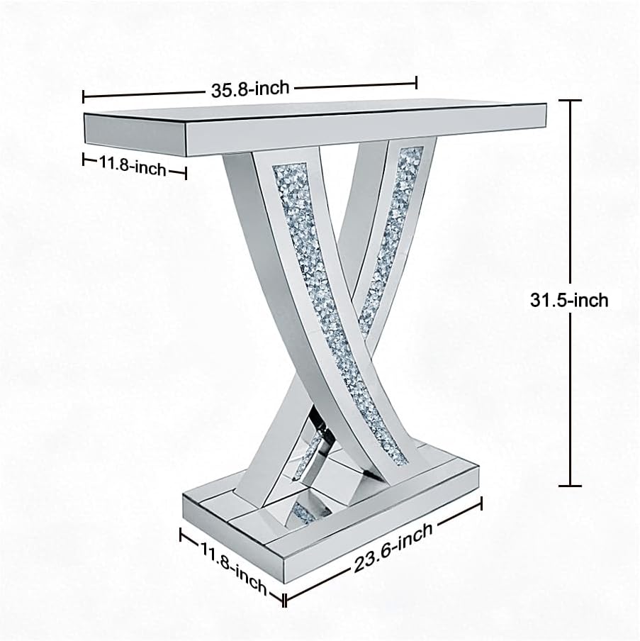Silver Mirrored Console Table with Crushed Diamond Inlay, 39.4'' Long...