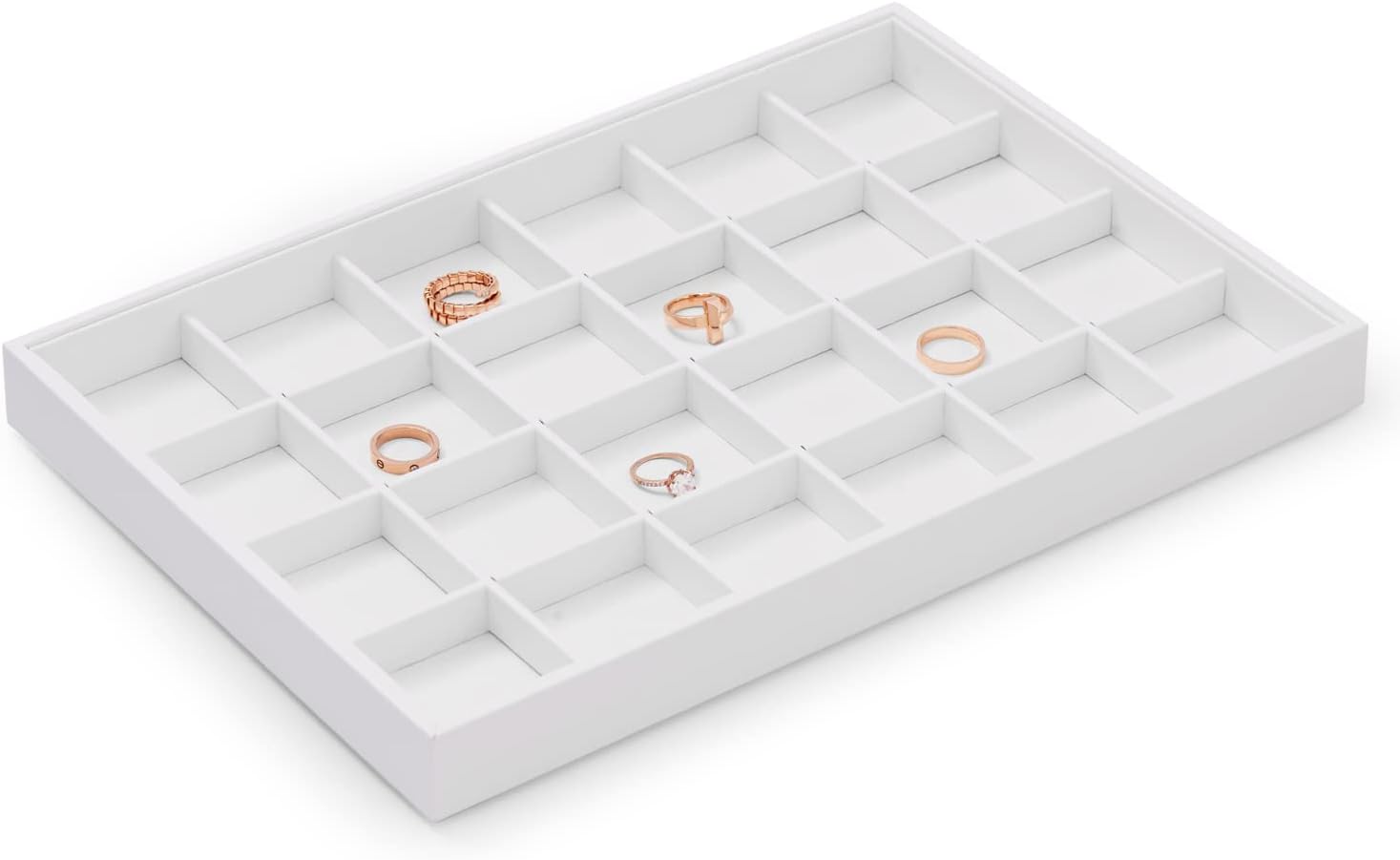 Oirlv Premium White Leather Stackable Jewelry Tray 24 Grid Jewelry Drawer Organizer Trays Rings Earrings Storage