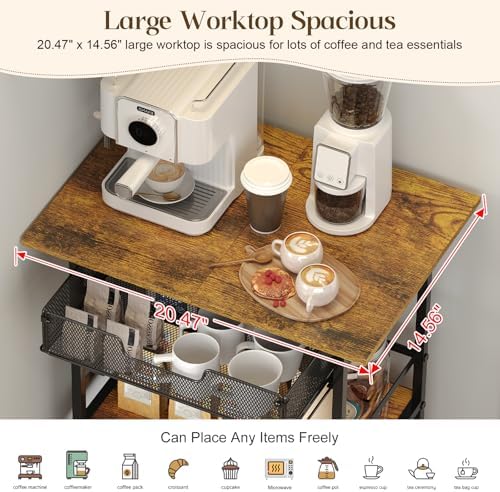 3 Tier Slim Rolling Coffee Cart with 2-Door & Pull-Out Wire Basket Drawer...