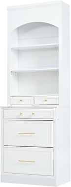 Modern 83.7inch High Kitchen Pantry, Freestanding Tall Kitchen Hutch with Faux Marble Top, Display Cupboard Cabinet with 5 Storage Drawers and Adjustable Shelf, White