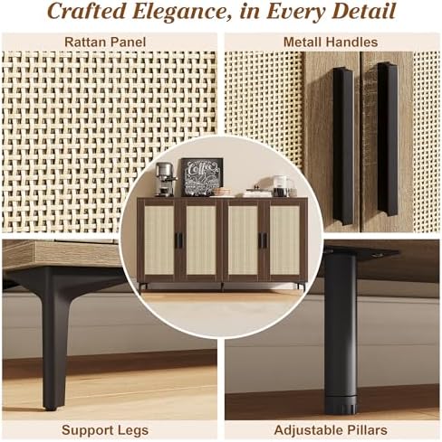 JASIWAY 48" Rattan Buffet Cabinet with Storage, Walnut Coffee Bar Cabinet