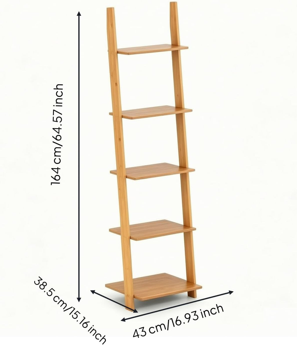 Multi Layer Storage Shelf Ladder Bookcase Stand with Bamboo Texture and Secure Wall Support Suitable for Cozy Living Compact Room Organization airy Interior Styling