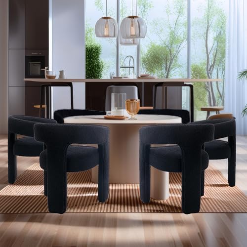 Black Sherpa Dining Chairs Set of 2, Modern Barrel Dining Room Chairs Upholst...