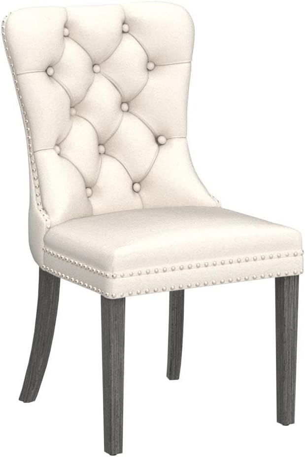 KCC Boucle Dining Chairs Set of 4, Upholstered High-end Tufted Dining Room Chair with Nailhead Back Ring Pull Trim Solid Wood Legs, Contemporary Nikki Collection Modern Style for Kitchen, Cream