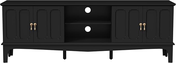 ARTPOWER 67“ Mid-Century Modern TV Stand for TVs up to 75”,Entertainment Center with Door Cabinets and Open Shelves,TV Console with Storage,Black Media Cabinet for Living Room,Bedroom