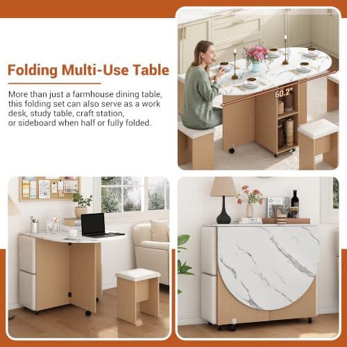 5 PCS Farmhouse Dining Table Set for 4,60" Large Round Folding Dining Ta...