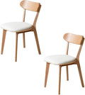 100% Solid Oak Dining Chairs, Mid Century Modern Dining Chair with Curved Backrest, Fabric Upholstered Dining Chairs for Kitchen, Study, Living Room (2, Original Wood-Pear White Cushion)