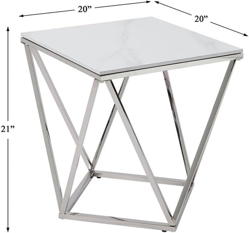 Pemberly Row Contemporary End Table, Stainless Steel Frame, Silver Finish, Wh...