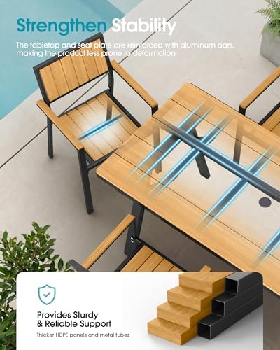 Aluminum Outdoor Dining Set of 6, Patio Table and Stackable Chairs, Teak