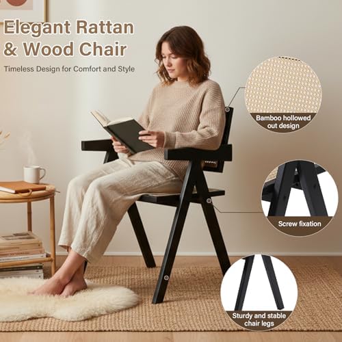 Furlide Rattan Dining Chairs Set of 2, Mid-Century Bamboo Armchairs