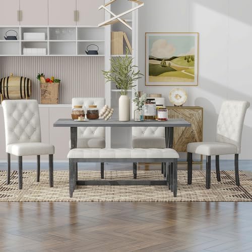 Merax 6-Piece Farmhouse Dining Table and Chair Set, 60'' Solid Wood R...
