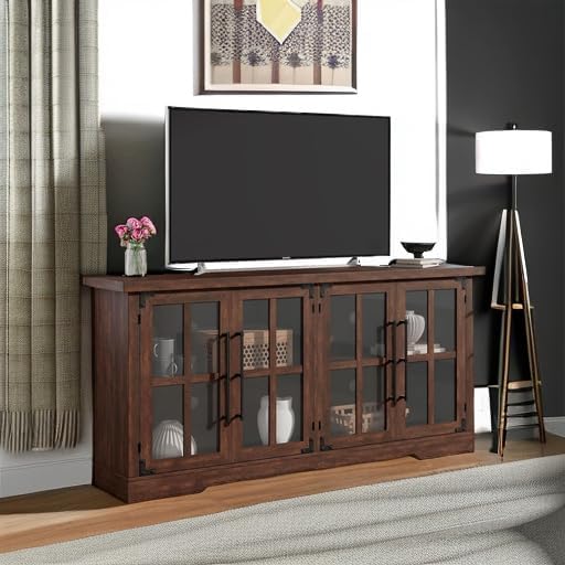 LUXOAK 63" Farmhouse TV Stand with 4 Glass Doors and Storage, Espresso |...