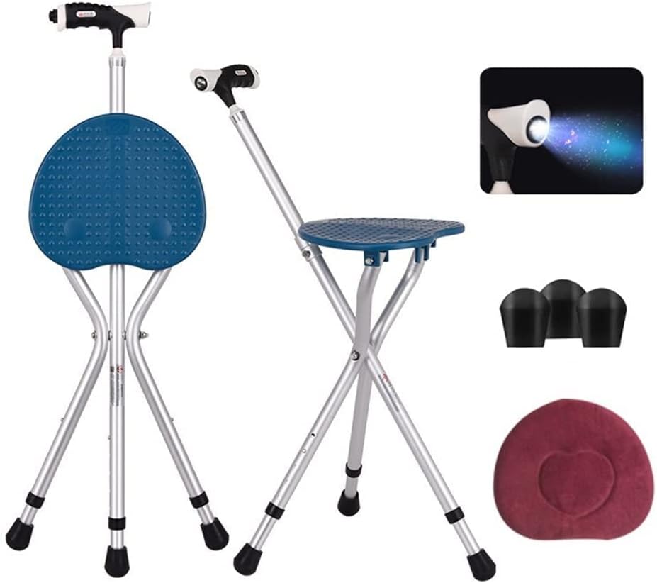 Folding Stool with LED Light, Adjustable Walking Cane Seat, Portable Tripod C...
