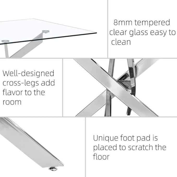 5 Piece Dining Table Table Set, Modern Tempered Glass Dining Table Set for 4 Kitchen Table Set with 4 Upholstered Chairs for Kitchen Dining Room (Sliver Table with White Hoop Leg Chairs)
