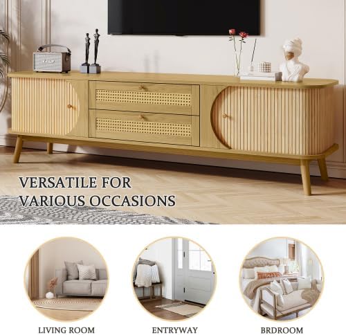 Bellemave Rattan TV Stand for up to 75", Modern Media Console with 2 Cabinets & 2 Drawers, Solid Wood Entertainment Center with Sliding Doors for Living Room, Bedroom (Natural)