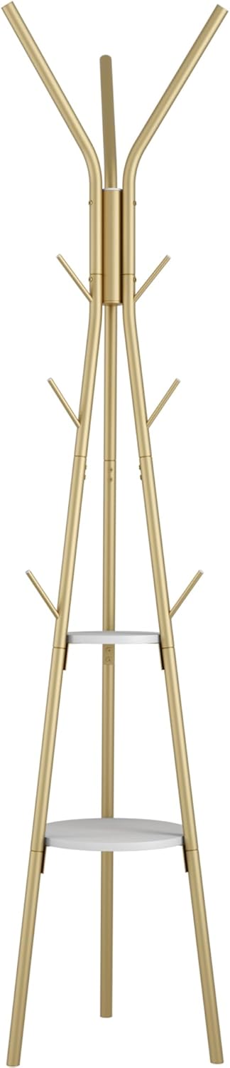 HOMEFORT Coat Rack, Coat Hanger Stand with 2 Shelves, Freestanding Hall Tree, Metal Hat Hanger with 12 Hooks for Clothes Hats and Scarves (Gold)