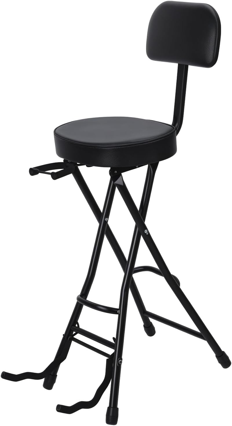 Folding Guitar Stool Chair with Padded Seat, Ergonomic Backrest & Built-in Stand - Heavy Duty Portable Seat for Acoustic, Electric, Bass Guitar Practice & Performance Black