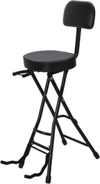 Folding Guitar Stool Chair with Padded Seat, Ergonomic Backrest & Built-in Stand - Heavy Duty Portable Seat for Acoustic, Electric, Bass Guitar Practice & Performance Black