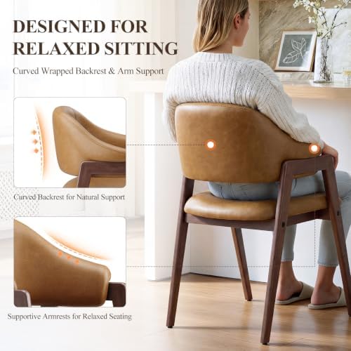 MALOL Wooden Dining Chairs Set of 4, Faux Leather, Curved Open Back, Brown