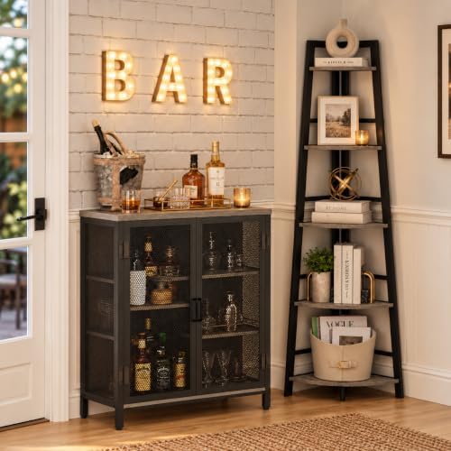 BON AUGURE Small Coffee Bar Cabinet with Storage, Farmhouse Liquor Cabinet