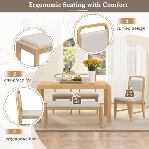 LUMISOL 6-Piece Solid Wood Dining Table Set, Extendable Kitchen Table Set for 4-6 with 4 Upholstered Chairs and 1 Bench for Kitchen, Dining Room, Living Room, Natural