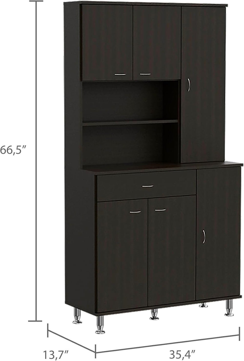 Kitchen Pantry Cabinet, Two Open Shelves, One Drawer, Multiple Cabinets, Black
