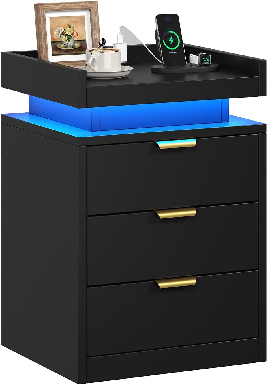 knoworld LED Nightstand with Charging Station & USB Ports, 3-Drawer Bedsi...