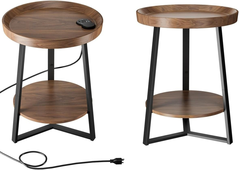 Gadroad Round End Table with Charging Station, Wood Tabletop & Black Meta...