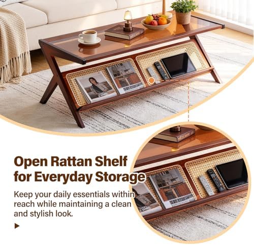 Tiita Brown Rattan Coffee Table, Bamboo Glass Top Table with Storage