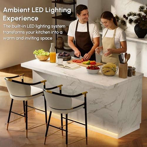 homary 72" Large White Kitchen Island with Storage & LED Lights, Woo...